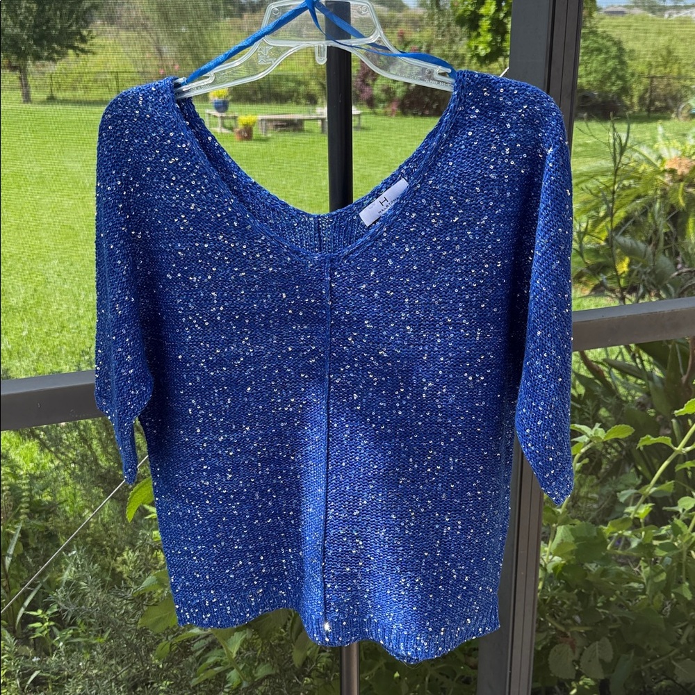 H by Halston Blue Knit Cardigan with Sequins Women's sz large